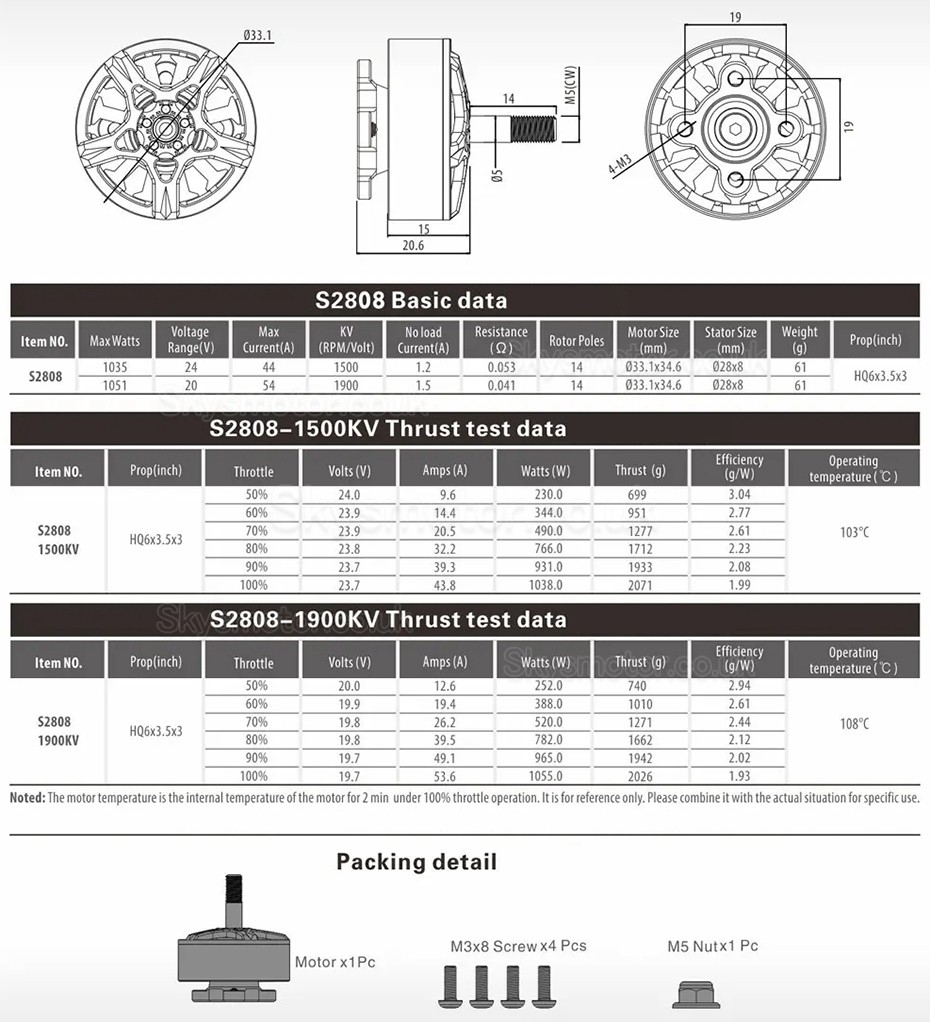 Surpass Hobby S2808 1500KV /1900KV FPV Drone Motor (compatible compatible HQ6x3.5x3 Prop) for Unmanned Aerial Vehicle